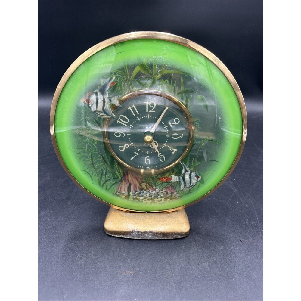 Vintage 1950’s Sessions Aquarius Angelfish Clock Fish Aquarium Green Night Light